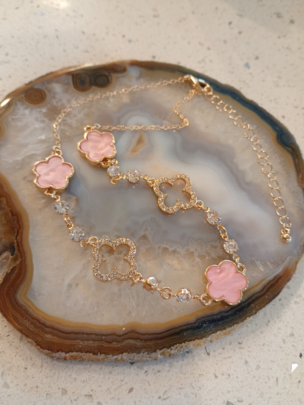 Gold-Plated Pink + Crystal Clover Necklace 🩷💛
